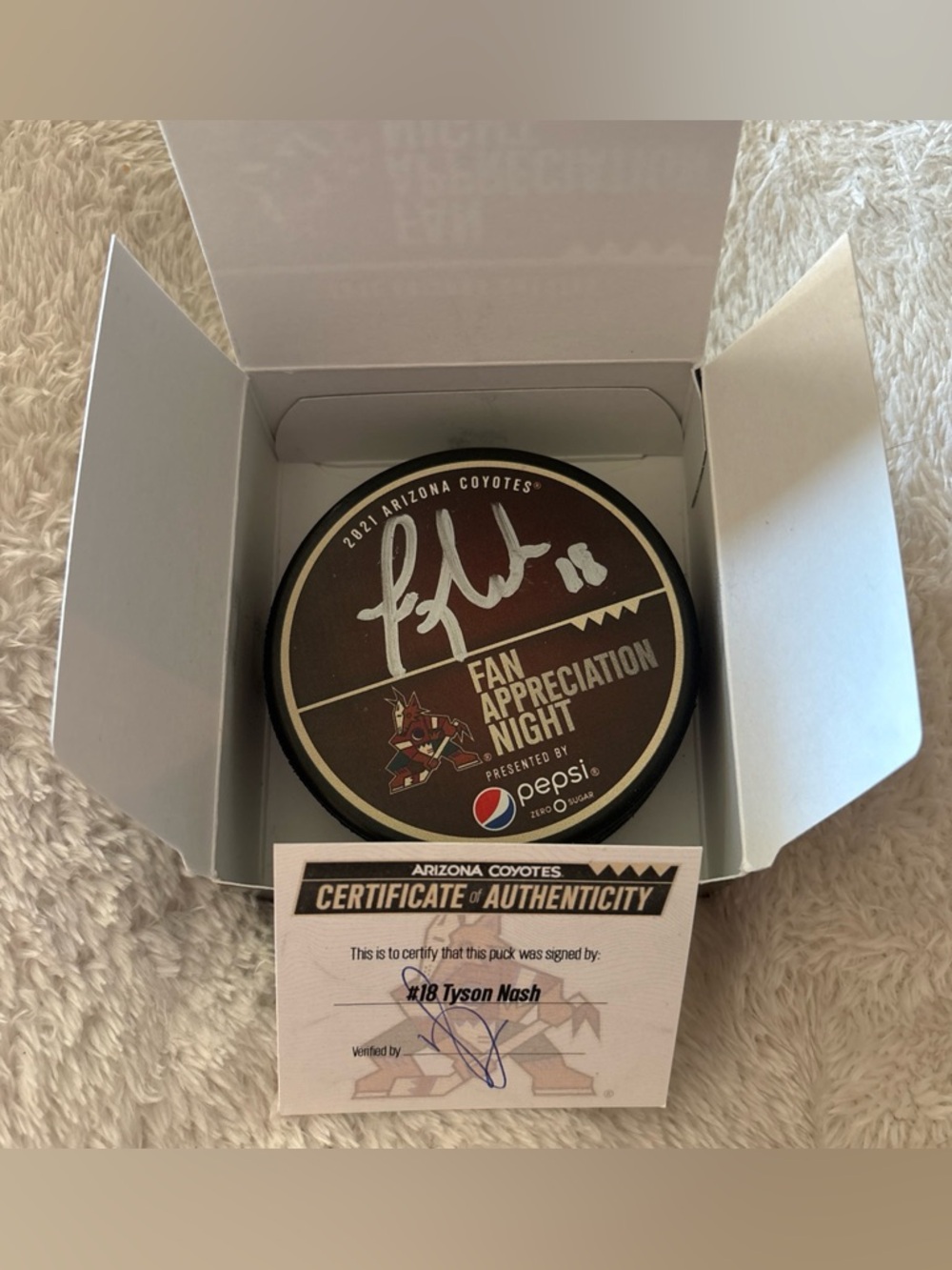 Tyson Nash #18 Arizona Coyotes NHL Fan Appreciation Night COA Auto Hockey Puck